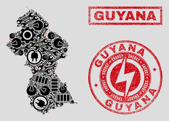 Obraz premium Composition of mosaic power supply Guyana map and grunge seals. Mosaic vector Guyana map is created with service and electric icons. Black and red colors used. Abstraction for power supply business.