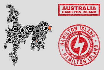 Obraz premium Composition of mosaic power supply Hamilton Island map and grunge seals. Mosaic vector Hamilton Island map is designed with workshop and innovation symbols. Black and red colors used.