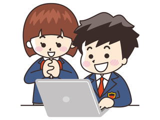 ノートパソコンを見る中高生の男女