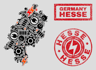 Composition of mosaic power supply Hesse Land map and grunge stamps. Collage vector Hesse Land map is created with workshop and electric symbols. Black and red colors used.