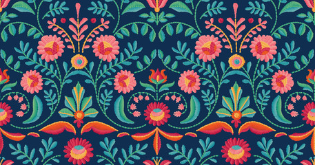 Vector seamless embroidery pattern, decorative textile ornament, pillow or bandana decor. Bohemian handmade style background design. - 272342051