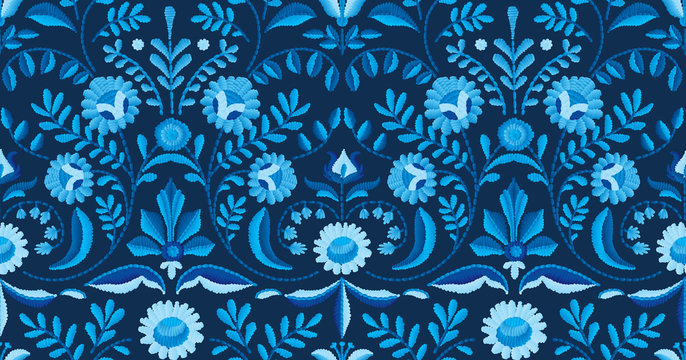 Vector seamless embroidery pattern, decorative textile ornament, pillow or bandana decor. Bohemian handmade style background design.