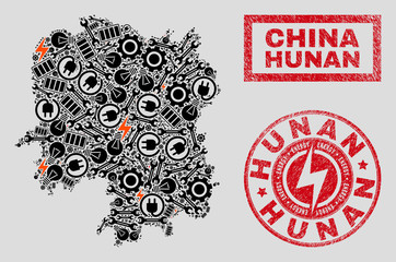 Obraz premium Composition of mosaic power supply Hunan Province map and grunge stamps. Mosaic vector Hunan Province map is composed with repair and electricity symbols. Black and red colors used.