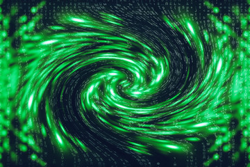 Green blue matrix digital background. Distorted cyberspace concept. Characters fall down in wormhole. Hacked matrix. Virtual reality design. Complex algorithm data hacking. Green digital sparks.