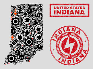 Composition of mosaic power supply Indiana State map and grunge stamps. Collage vector Indiana State map is created with equipment and power icons. Black and red colors used.