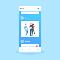 father mother and newborn baby happy family and nurse in post natal pediatrician consultation concept smartphone screen mobile application flat full length
