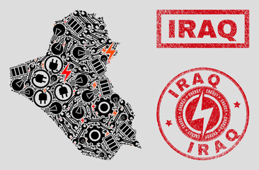 Composition of mosaic power supply Iraq map and grunge seals. Collage vector Iraq map is designed with gear and power elements. Black and red colors used. Concept for power supply services.