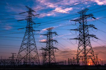 Silhouette of Power Supply Facilities at Sunset