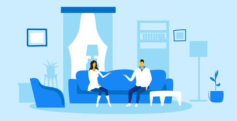 man woman sitting on couch and discussing family having fun communication concept modern living room interior sketch doodle horizontal vector illustration