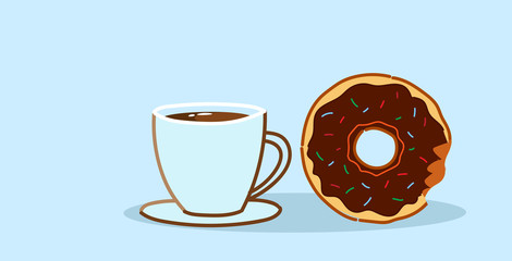 chocolate donut with coffee cup sweet freshly baked cookie dessert lunch break concept sketch horizontal