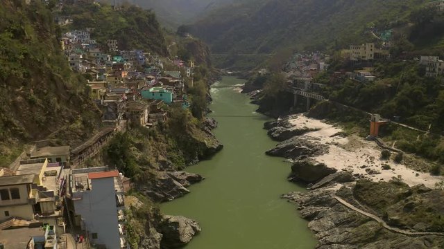 Devprayag, India, alakananda and bhagirathi holy rivers mix to become ganges, 4k aerial drone view