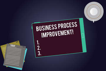 Writing note showing Business Process Improvement. Business photo showcasing optimize process inefficiencies and accuracy Tablet Screen Cup Saucer and Filler Sheets on Color Background