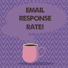 Text sign showing Email Response Rate. Conceptual photo percentage showing saw something then completed action Mug photo Cup of Hot Coffee with Blank Color Speech Bubble as Steam icon
