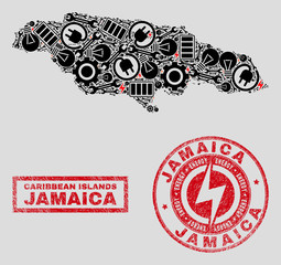 Composition of mosaic power supply Jamaica map and grunge seals. Collage vector Jamaica map is composed with service and electric elements. Black and red colors used.