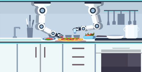 smart handy chef robot preparing tasty pizza robotic assistant innovation technology artificial intelligence concept modern kitchen interior flat horizontal