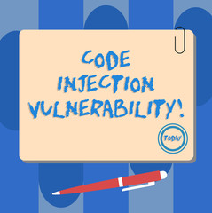 Writing note showing Code Injection Vulnerability. Business photo showcasing introduction of code into an application Square Color Board with Magnet Click Ballpoint Pen and Clip
