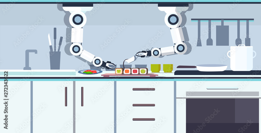 Poster smart handy chef robot preparing sushi robotic assistant innovation technology artificial intelligen