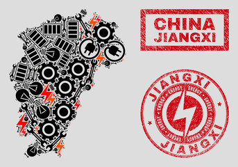 Composition of mosaic electricity Jiangxi Province map and grunge seals. Mosaic vector Jiangxi Province map is created with tools and power elements. Black and red colors used.