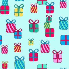 Seamless repat pattern with colorful birthday presents gifts stacked on an aqua background