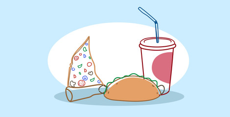 Pizza slice sandwich and soda fast food