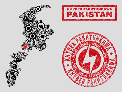 Composition of mosaic power supply Khyber Pakhtunkhwa Province map and grunge seals. Mosaic vector Khyber Pakhtunkhwa Province map is composed with hardware and energy icons.