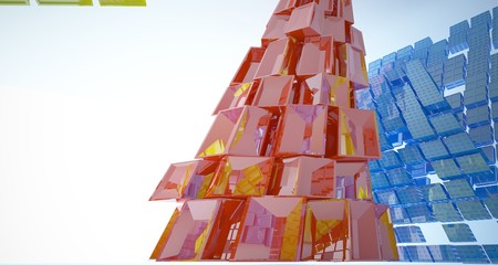 Naklejka premium Abstract white and colored interior multilevel public space with window. 3D illustration and rendering.
