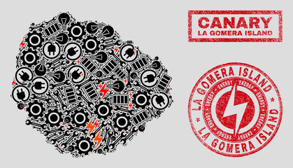 Composition of mosaic power supply La Gomera Island map and grunge seals. Mosaic vector La Gomera Island map is created with service and power icons. Black and red colors used.