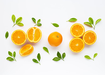 High vitamin C. Fresh orange citrus fruit with leaves isolated on white.