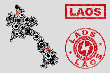 Composition of mosaic power supply Laos map and grunge stamp seals. Mosaic vector Laos map is designed with service and innovation symbols. Black and red colors used.