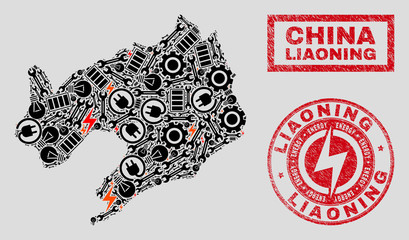 Composition of mosaic power supply Liaoning Province map and grunge seals. Mosaic vector Liaoning Province map is composed with repair and power symbols. Black and red colors used.