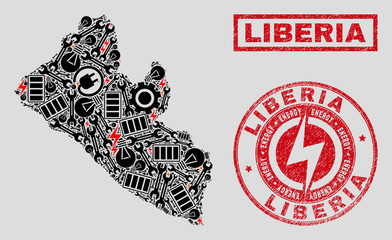 Composition of mosaic power supply Liberia map and grunge seals. Mosaic vector Liberia map is designed with repair and innovation symbols. Black and red colors used. Concept for power supply services.