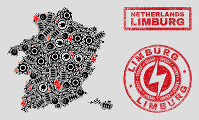 Composition of mosaic power supply Limburg Province map and grunge seals. Collage vector Limburg Province map is created with tools and energy symbols. Black and red colors used.