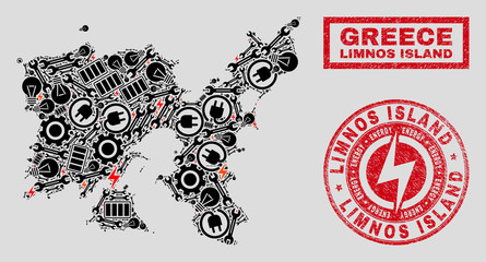 Composition of mosaic power supply Limnos Island map and grunge seals. Mosaic vector Limnos Island map is designed with tools and electric symbols. Black and red colors used.