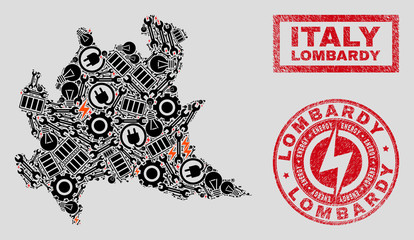 Composition of mosaic power supply Lombardy region map and grunge stamps. Mosaic vector Lombardy region map is composed with workshop and bulb symbols. Black and red colors used.