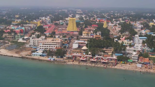 Rameswaram ancient Shiva temple, India 4k aerial skyline and ocean drone view