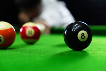Close-up photos, playing billiard balls, various numbers, stabbing the ball, numbers and green...