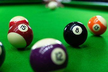 Close-up photos, playing billiard balls, various numbers, stabbing the ball, numbers and green ground