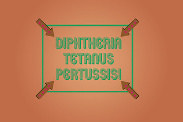 Handwriting text writing Diphtheria Tetanus Pertussis. Concept meaning vaccines against three infectious diseases Square Outline with Corner Arrows Pointing Inwards on Color Background