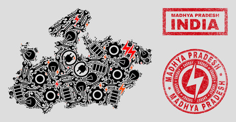 Naklejka premium Composition of mosaic power supply Madhya Pradesh State map and grunge stamps. Mosaic vector Madhya Pradesh State map is composed with gear and innovation elements. Black and red colors used.