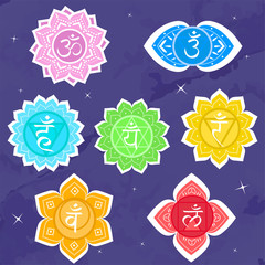 Set of chakras. Symbol meditation and spiritual, yoga buddhism and energy. Vector illustration.