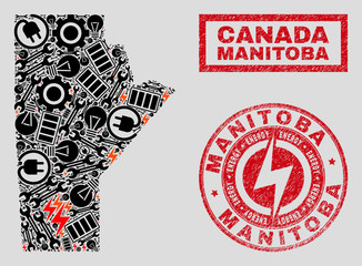 Composition of mosaic power supply Manitoba Province map and grunge stamp seals. Mosaic vector Manitoba Province map is composed with gear and power icons. Black and red colors used.