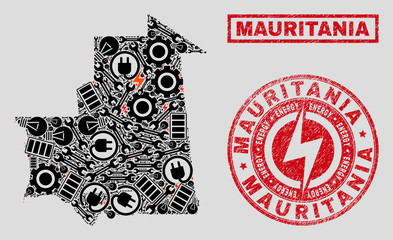 Composition of mosaic power supply Mauritania map and grunge watermarks. Mosaic vector Mauritania map is designed with workshop and innovation symbols. Black and red colors used.