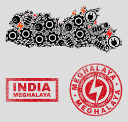 Composition of mosaic power supply Meghalaya State map and grunge stamps. Mosaic vector Meghalaya State map is designed with workshop and power icons. Black and red colors used.
