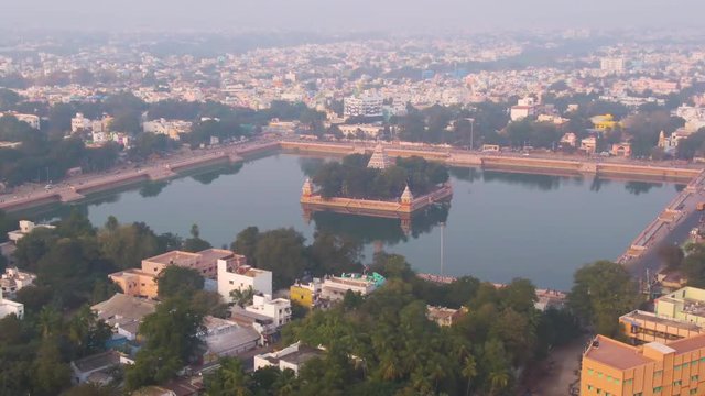 Madurai Vandiyur Mariamman Teppakulam pond temple, India, 4k aerial 