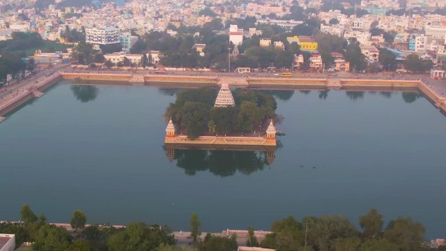 Madurai Vandiyur Mariamman Teppakulam pond temple, India, 4k aerial 