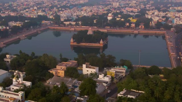 Madurai Vandiyur Mariamman Teppakulam pond temple, India, 4k aerial 