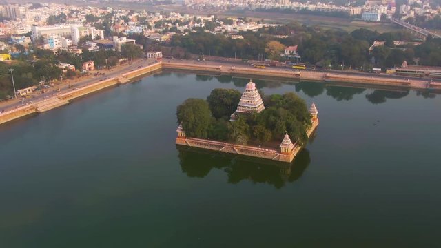 Madurai Vandiyur Mariamman Teppakulam pond temple, India, 4k aerial 