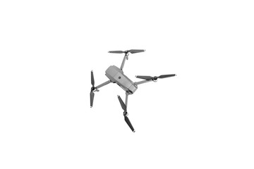 Flying helicopter drone with camera. Studio shot isolated on white background.