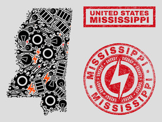Composition of mosaic power supply Mississippi State map and grunge stamp seals. Mosaic vector Mississippi State map is designed with service and energy elements. Black and red colors used.