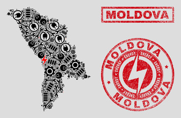 Composition of mosaic power supply Moldova map and grunge stamps. Mosaic vector Moldova map is composed with tools and electric icons. Black and red colors used. Concept for power supply services.